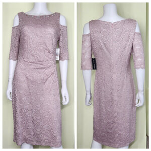 Jessica Howard Lace Sequin Dress Cold Size 12 Pink Beaded Sheath Classic Luxe